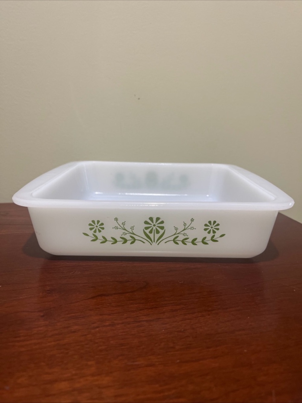Glasbake White Glass Bake Dish with Green Floral Pattern - 8 in